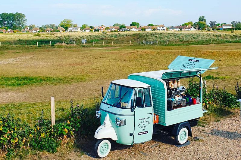 Morning coffee served from a Piaggio at Mulberry Coffee Co. located in front of St Marys Bay and Littlestone golf club.